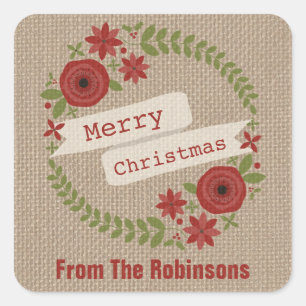 Sticker Carré Burlap personnalisé Inspiré Wreath Noël