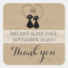 Sticker Carré Burlap rustique drôle chats en amour mariage merci