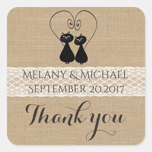 Sticker Carré Burlap rustique drôle chats en amour mariage merci (Devant)