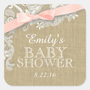 Sticker Carré Burlap vintage et dentelle avec Bow blush