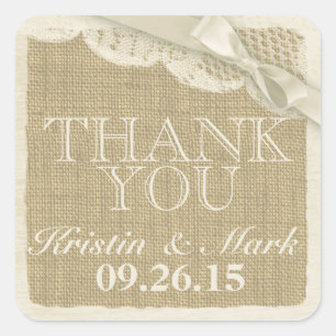 Sticker Carré Burlap vintage et dentelle avec Bow ivoire
