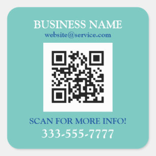 Sticker Carré Bus. Nom Promo, QR Code, Lt Turquoise Bleu Blanc