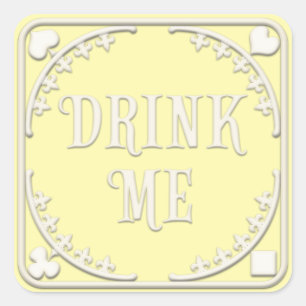 Sticker Carré "Buvez-moi" Wonderland Tea Party Tempérant Jaune