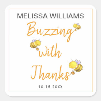 Sticker Carré Buzz avec Merci Honey Bee Baby shower Party