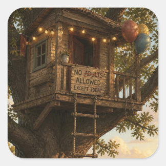 Sticker Carré Cabane dans les arbres interdit aux adultes drôle