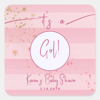 Sticker Carré Cabane rose moderne Stripes & Gold Stars Girl Baby
