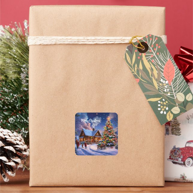 Sticker Carré Cabane rustique d'hiver Noël Forêt enneigée cosy (vacances)