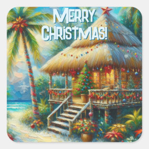 Sticker Carré Cabane Tropicale Noël Palm Tree Beach Lumières