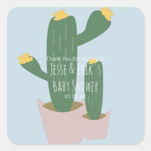 Sticker Carré Cactus Cupcakes Remerciement Baby Shower Bleu