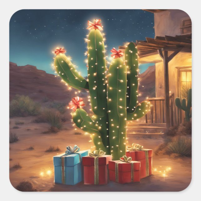 Sticker Carré Cactus De Noël Avec Présents Devant Une Maison (Devant)