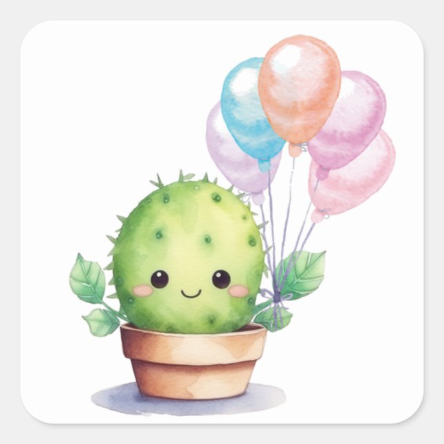 Sticker Carré Cactus mignons avec ballons d'anniversaire (Devant)
