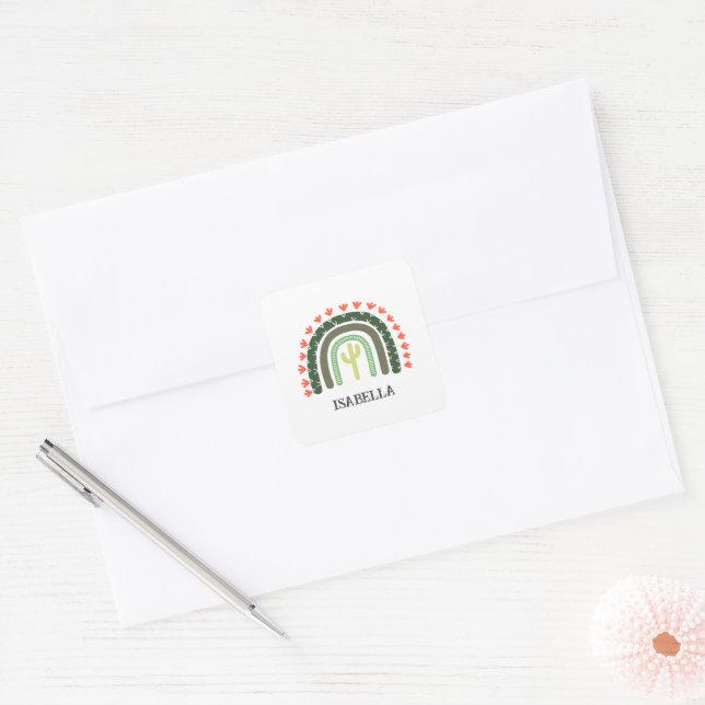 Sticker Carré Cactus Rainbow NAME Orange Green Modern Desert (Enveloppe)