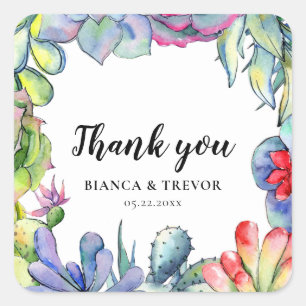 Sticker Carré Cactus & succulents mariage d'aquarelle merci