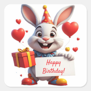 Sticker Carré Cadeau d'anniversaire de lapin avec ballons en for