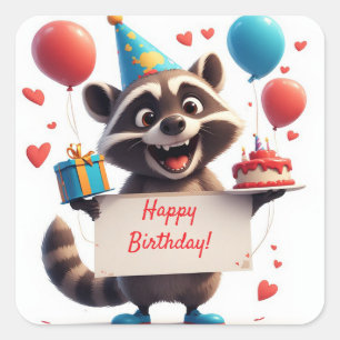 Sticker Carré Cadeau d'anniversaire de raton laveur avec ballons