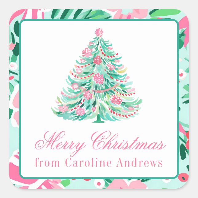 Sticker Carré Cadeau d'arbre de Noël rose et vert Preppy (Devant)