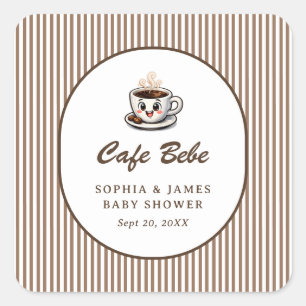Sticker Carré Cadeau de Baby Shower rayé mignon Café Bébé