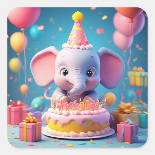 Sticker Carré 🎂 Cadeau de fête d'anniversaire éléphant pour enf