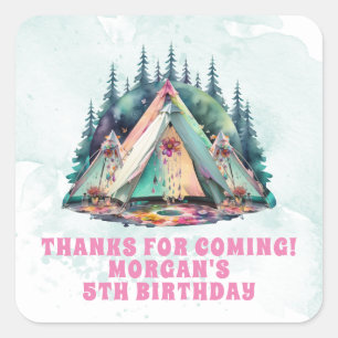 Sticker Carré Cadeau de fête d'anniversaire pour une soirée camp