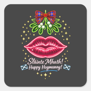 Sticker Carré Cadeau de gui néon tartan Hogmanay écossais