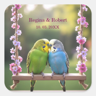 Sticker Carré Cadeau de mariage personnalisé Couple de perruches