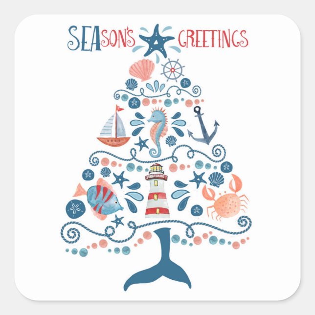Sticker Carré Cadeau de Noël Arbre de la Saison Nautique (Devant)