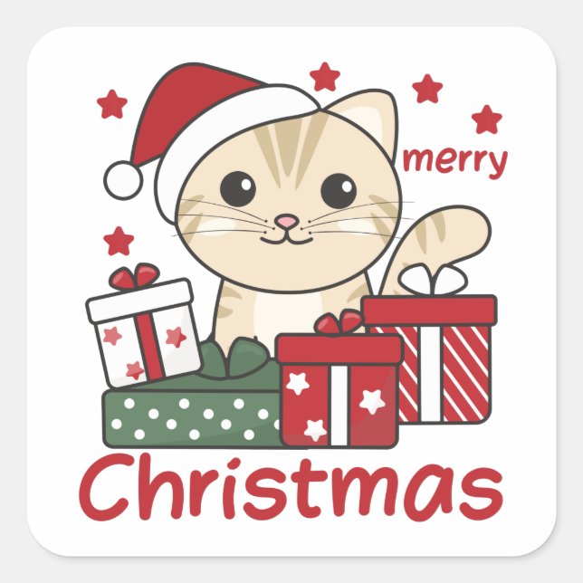 Sticker Carré Cadeau de Noël Chat Animaux d'hiver Chats (Devant)