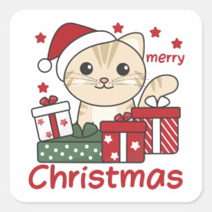 Sticker Carré Cadeau de Noël Chat Animaux d'hiver Chats