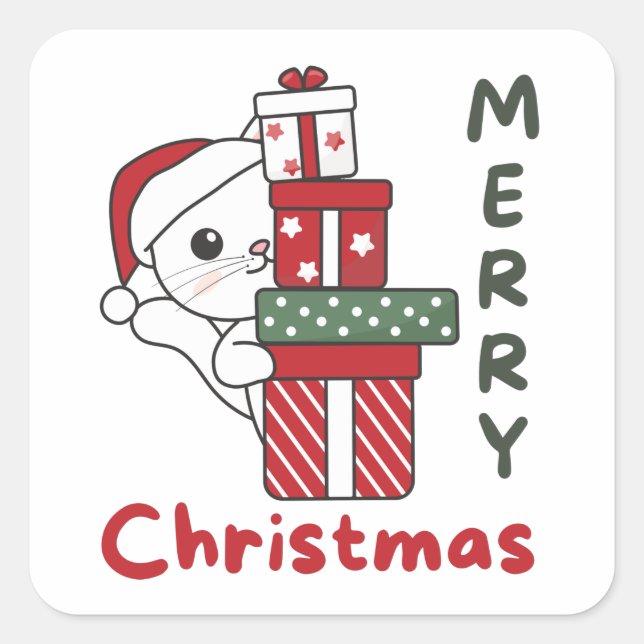 Sticker Carré Cadeau de Noël Chat Animaux d'hiver Chats (Devant)