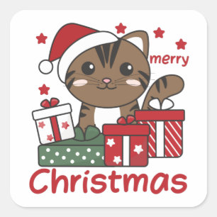 Sticker Carré Cadeau de Noël Chat Animaux d'hiver Chats