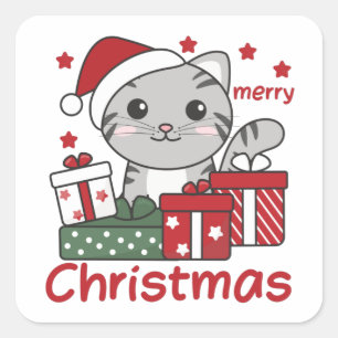 Sticker Carré Cadeau de Noël Chat Animaux d'hiver Chats