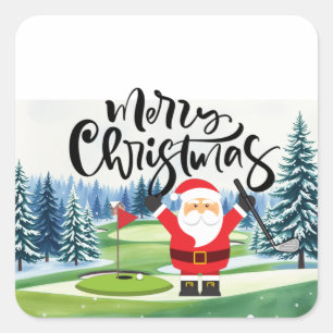 Sticker Carré Cadeau de Noël de golf avec Santa golfeur au drape