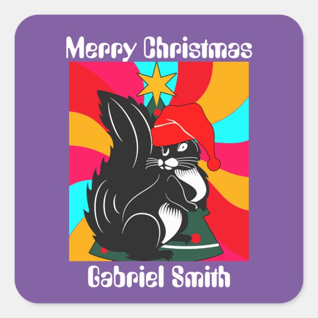 Sticker Carré cadeau de noël d'écureuil, nom personnalisé (Devant)