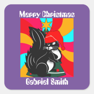 Sticker Carré cadeau de noël d'écureuil, nom personnalisé