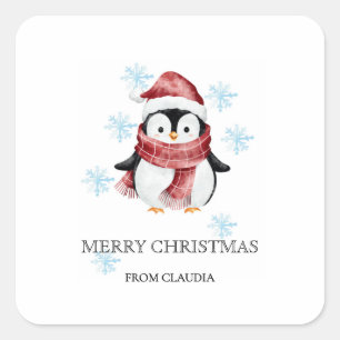 Sticker Carré Cadeau de Noël personnalisé Petit Manchot Mignon