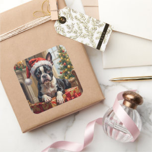 Sticker Carré Cadeau de Noël pour chien Boston Terrier élégant