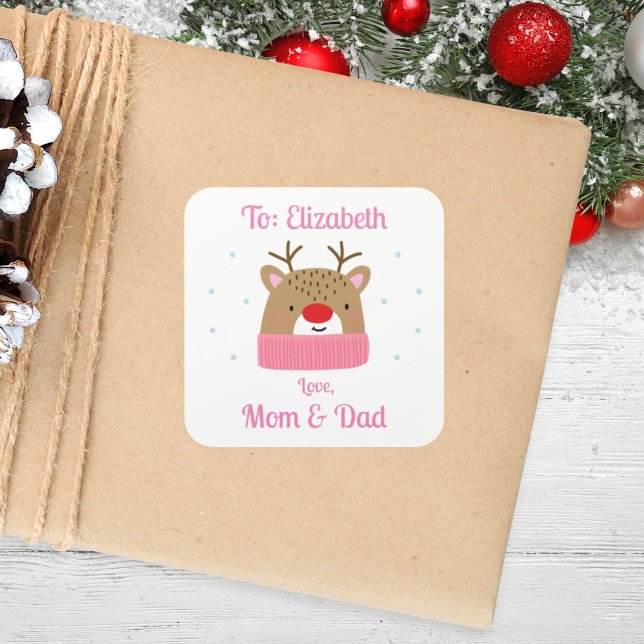 Sticker Carré Cadeau de Noël pour filles personnalisées Reindeer (Créateur téléchargé)