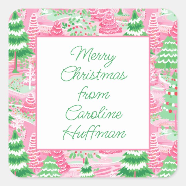 Sticker Carré Cadeau de Noël rose et vert (Devant)