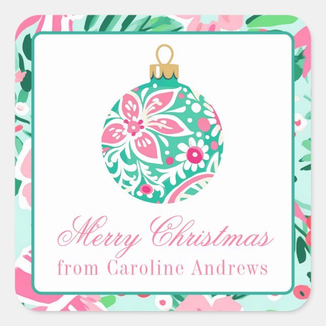 Sticker Carré Cadeau de Noël rose et vert Preppy (Devant)