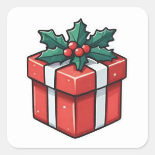 Sticker Carré Cadeau de Noël rouge et vert