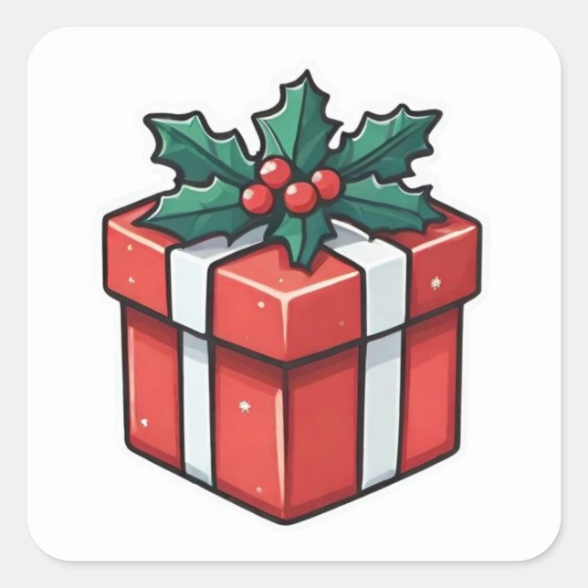 Sticker Carré Cadeau de Noël rouge et vert (Devant)