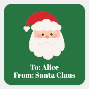 Sticker Carré Cadeau de Noël vert personnalisé du Père Noël 