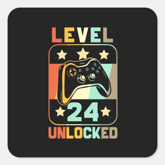 Sticker Carré Cadeau du 24e anniversaire | Niveau 24 déverrouill (Devant)