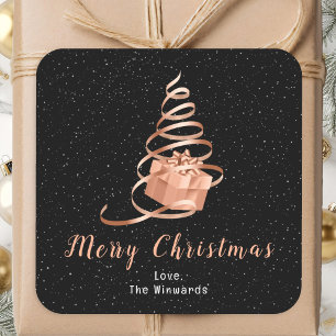Sticker Carré Cadeau rose Gold et Black Ribbon Joyeux Noël