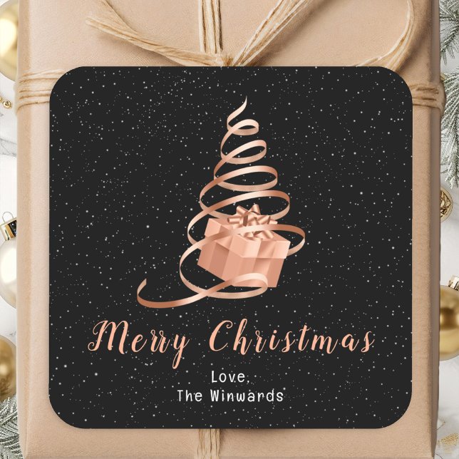 Sticker Carré Cadeau rose Gold et Black Ribbon Joyeux Noël (Créateur téléchargé)