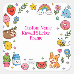 Sticker Carré Cadre d'autocollant Kawaii de nom personnalisé