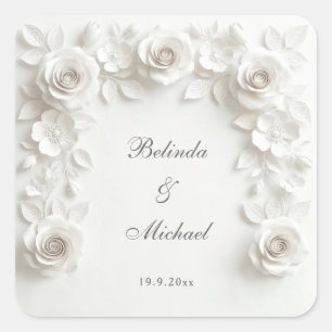 Sticker Carré Cadre de roses florales baroques blanches Mariag