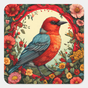 Sticker Carré Cadre floral à oiseau rouge décoration de jardin n