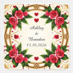 Sticker Carré Cadre floral avec roses roses