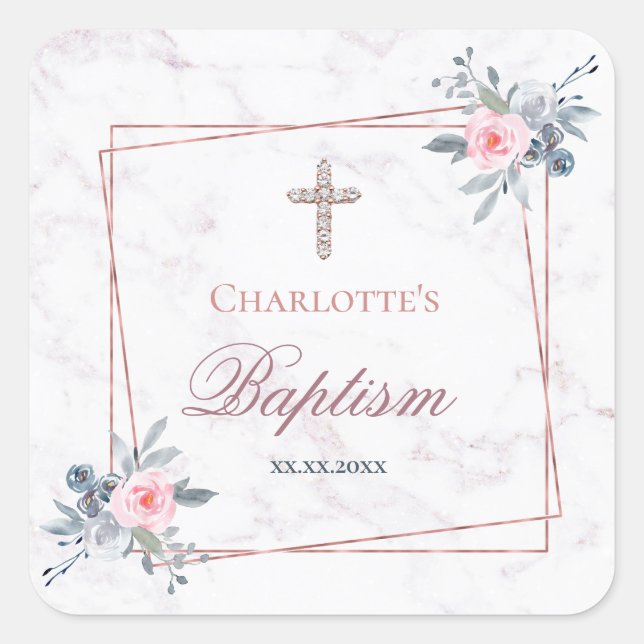 Sticker Carré cadre floral fille baptême (Devant)